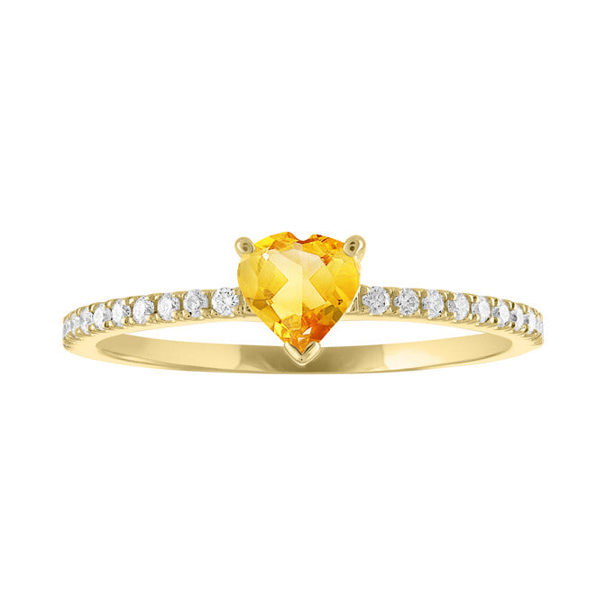 Thin banned yellow gold ring with heart shaped citrine and round diamonds on the shank