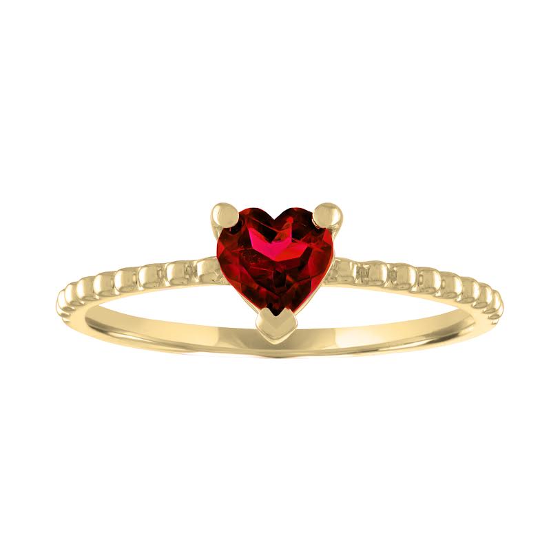 Yellow gold beaded skinny band with a heart shaped garnet in the center.