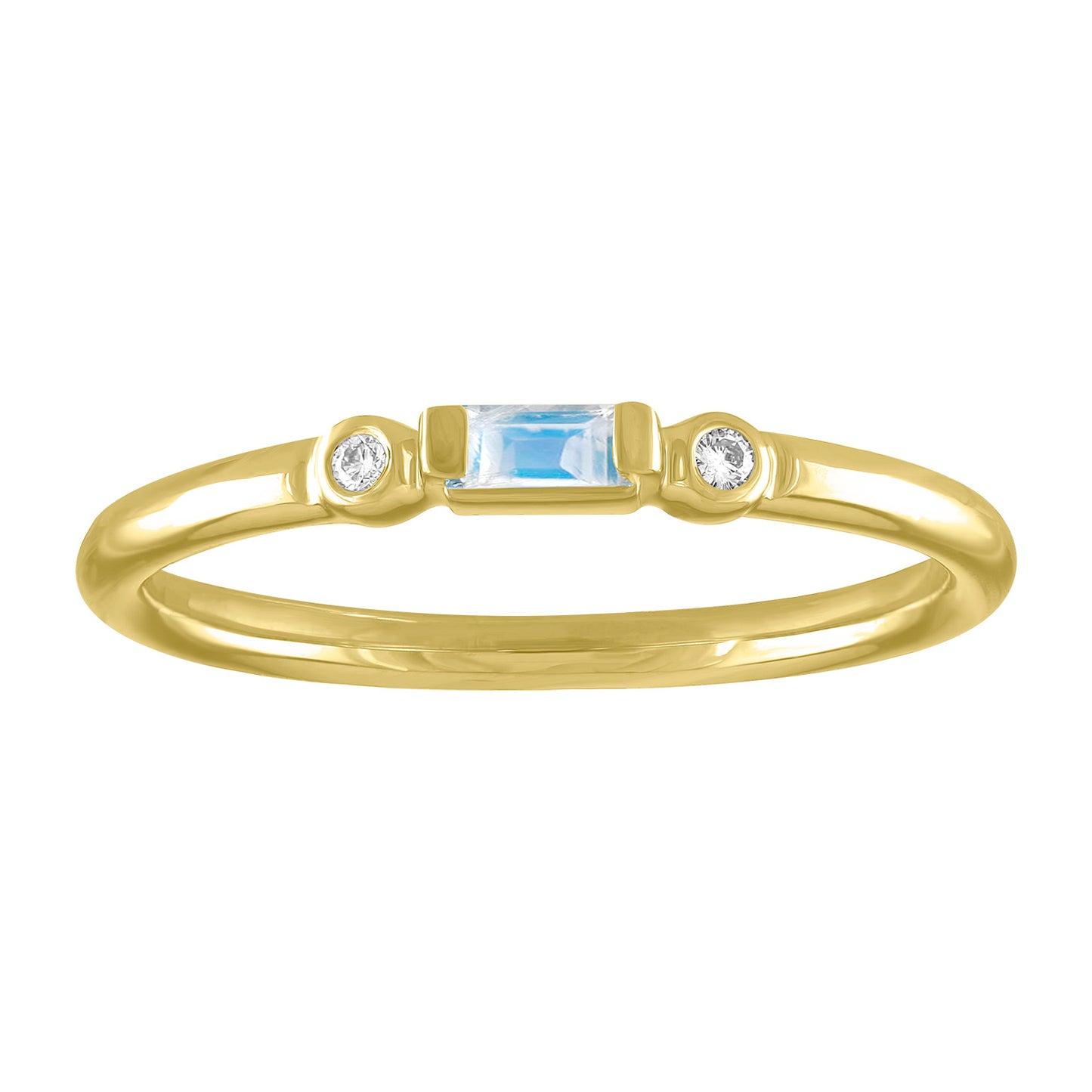 Yellow gold skinny band with a moonstone baguette in the center and two round diamonds on the side.