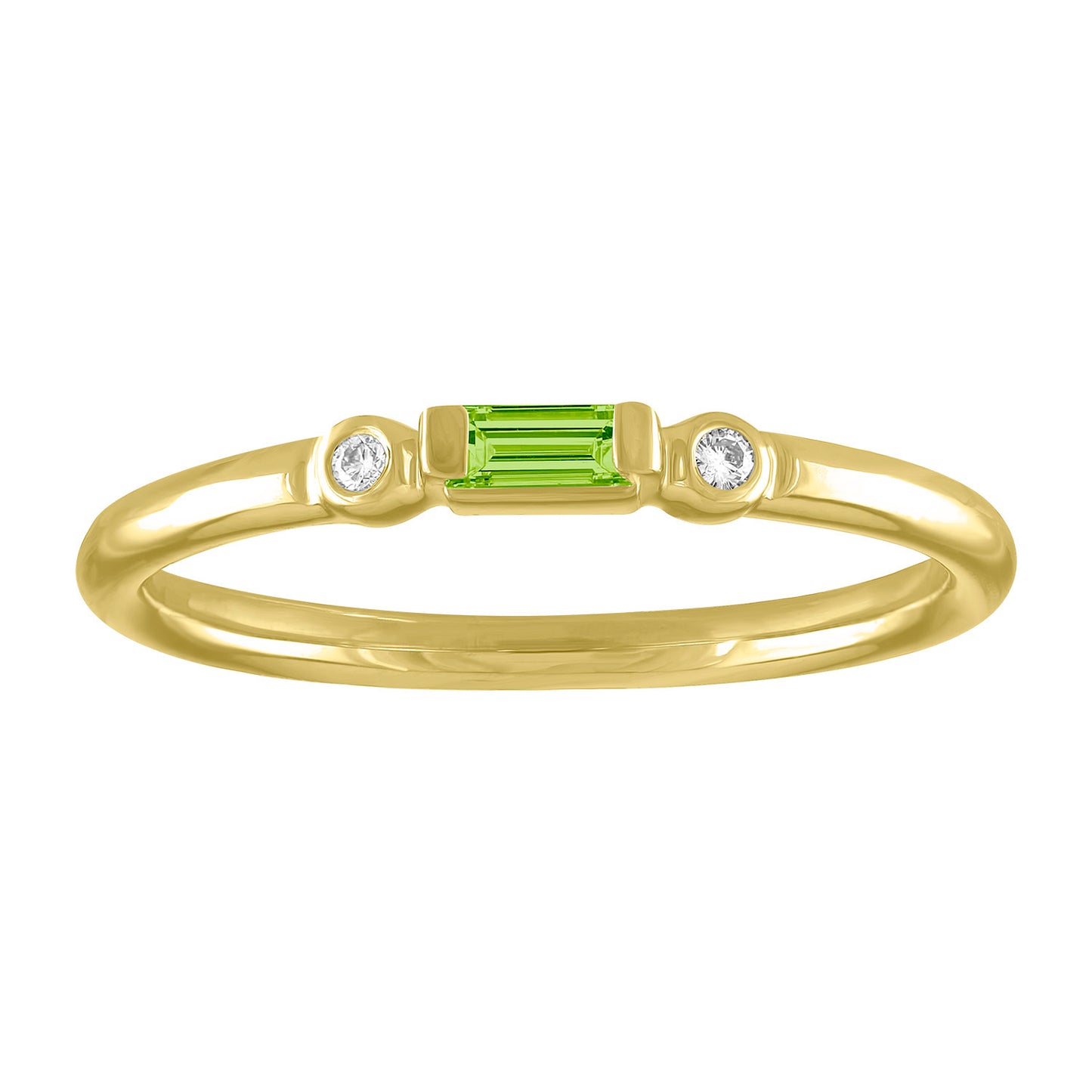 Yellow gold skinny band with a peridot baguette in the center and two round diamonds on the side.