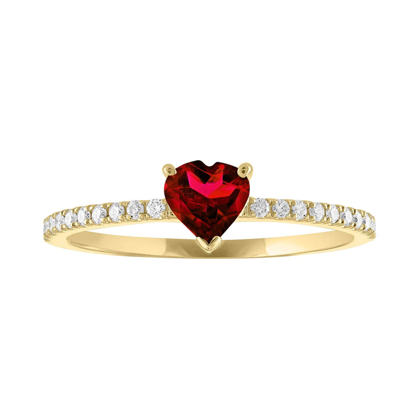 Thin banned yellow gold ring with heart shaped ruby and round diamonds on the shank