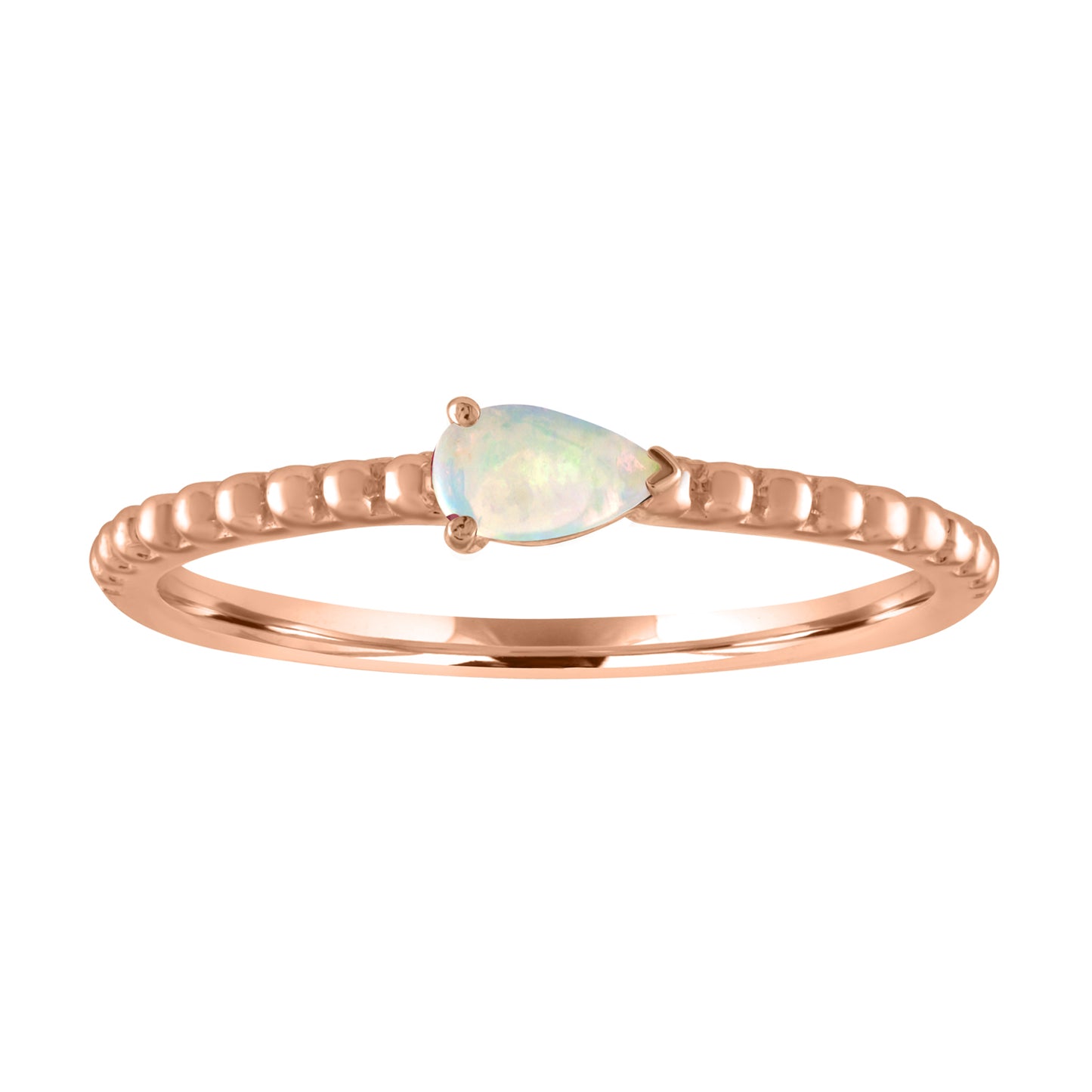 Rose gold beaded skinny band with a pear shaped opal in the center.