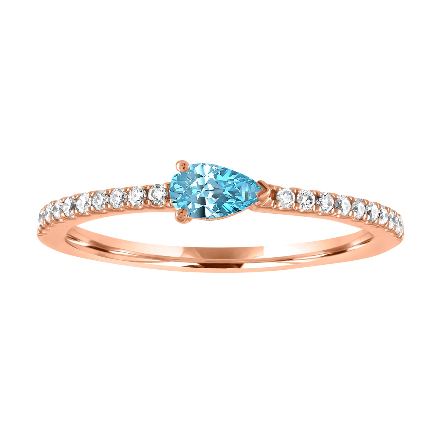 Rose gold skinny band with a pear shaped aquamarine in the center and round diamonds on the shank.