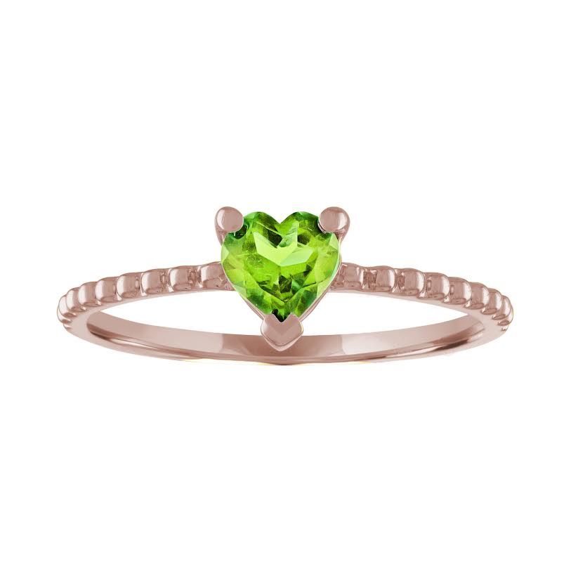 Rose gold beaded skinny band with a heart shaped peridot in the center.