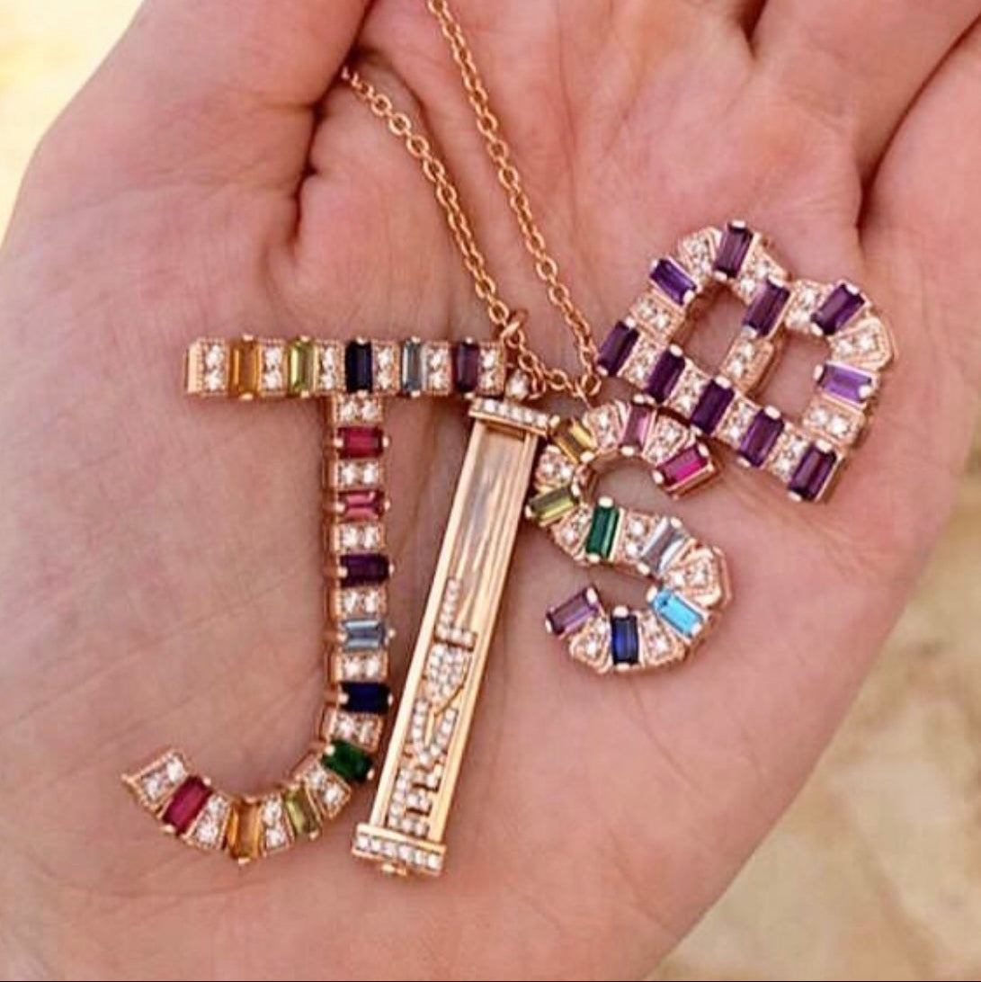 Mini rose gold initial necklace with amethyst baguettes and round diamonds