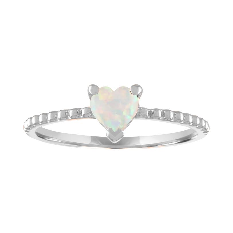 White gold beaded skinny band with a heart shaped opal in the center.
