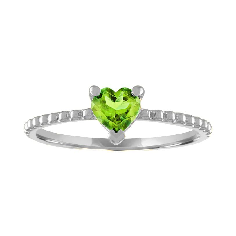 White gold beaded skinny band with a heart shaped peridot in the center.