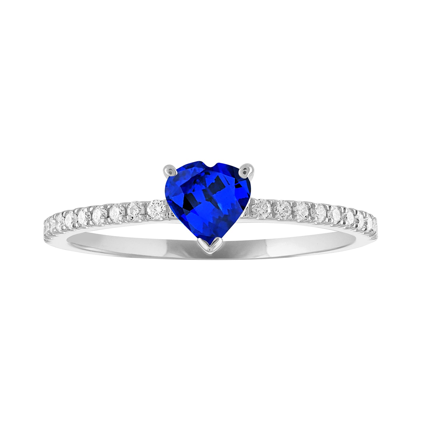Thin banned white gold ring with heart shaped sapphire and round diamonds on the side