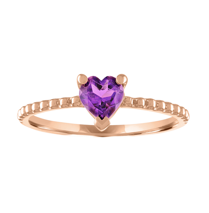 Rose gold beaded skinny band with a heart shaped amethyst in the center.