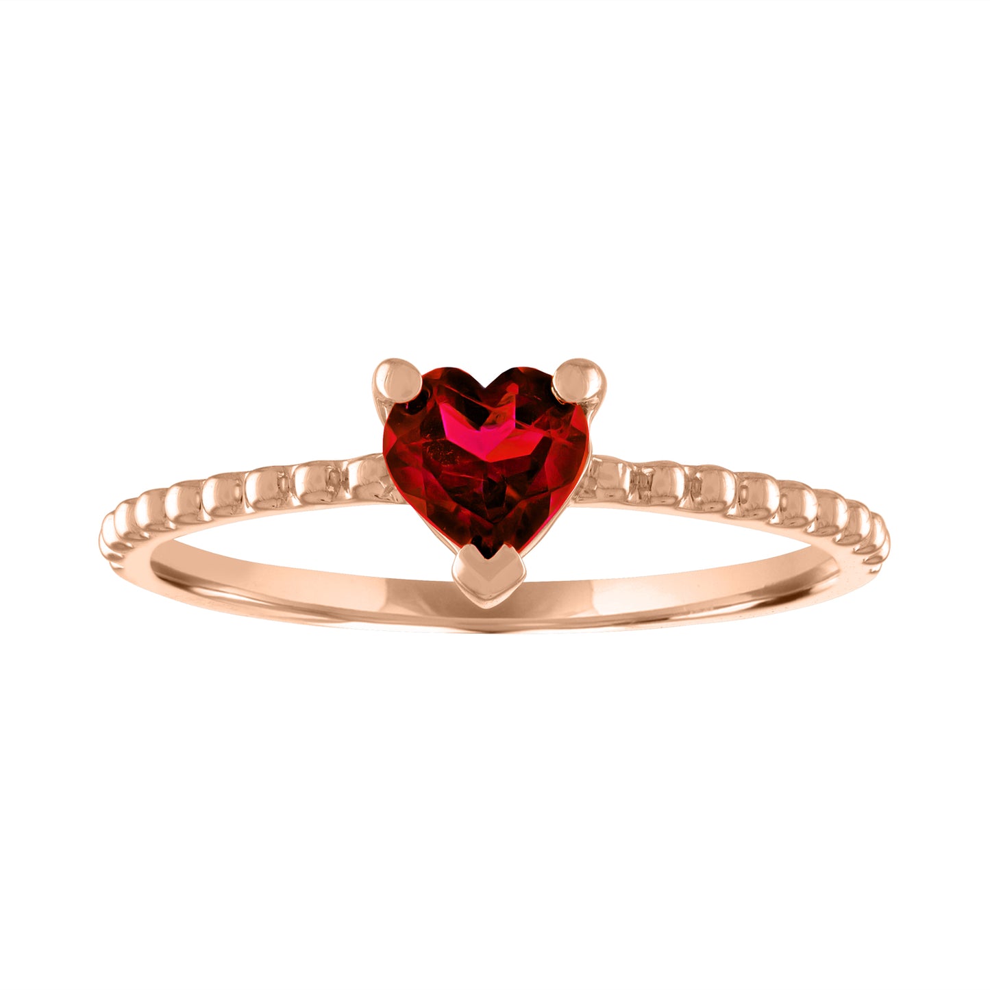 Rose gold beaded skinny band with a heart shaped garnet in the center.