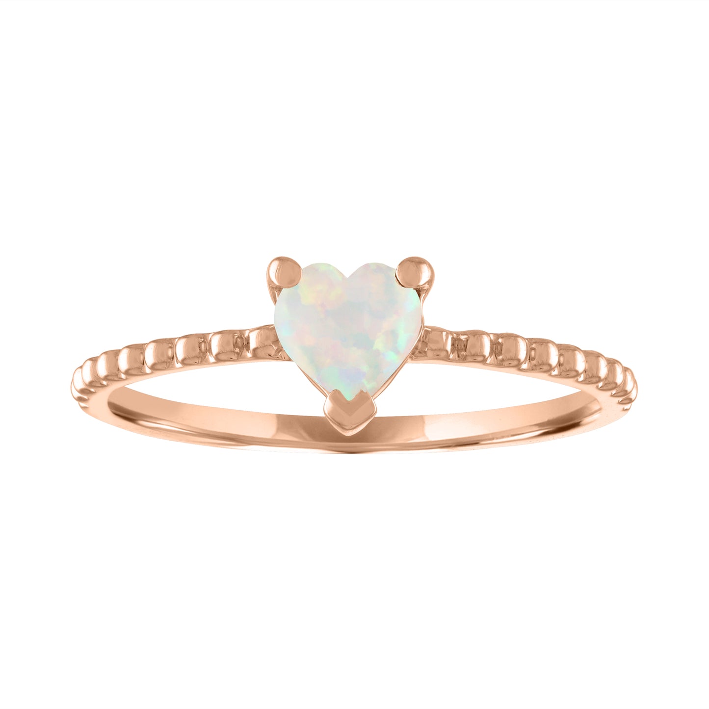 Rose gold beaded skinny band with a heart shaped opal in the center.