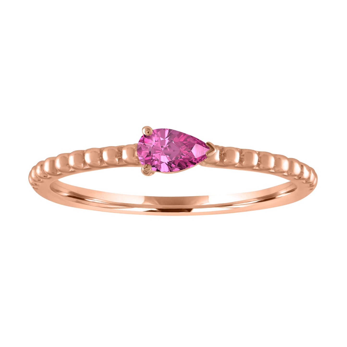 Rose gold beaded skinny band with a pear shaped pink tourmaline in the center.