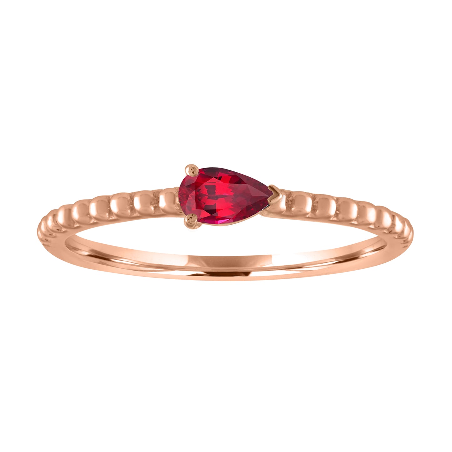 Rose gold beaded skinny band with a pear shaped ruby in the center.