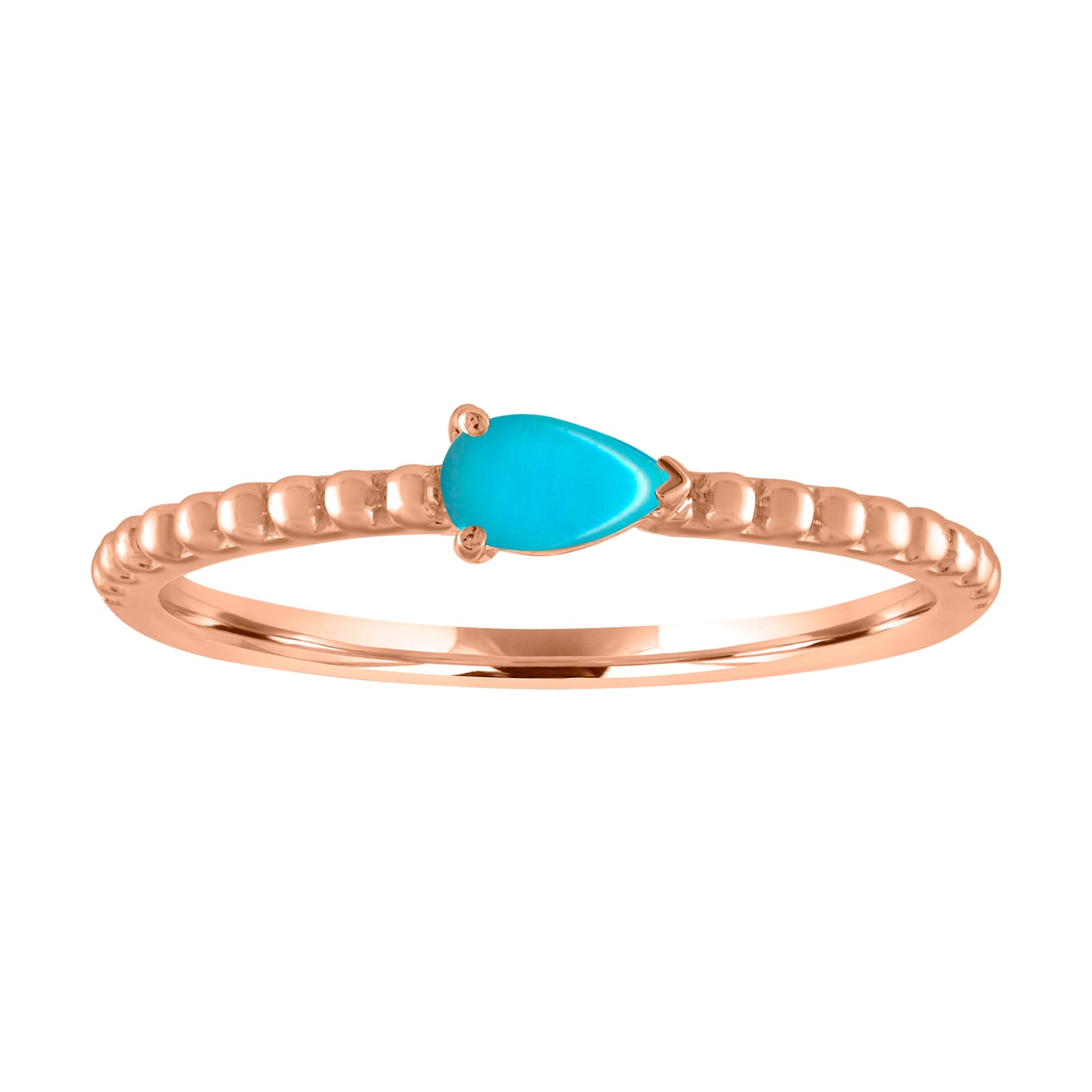 Rose gold beaded skinny band with a pear shaped turquoise in the center.