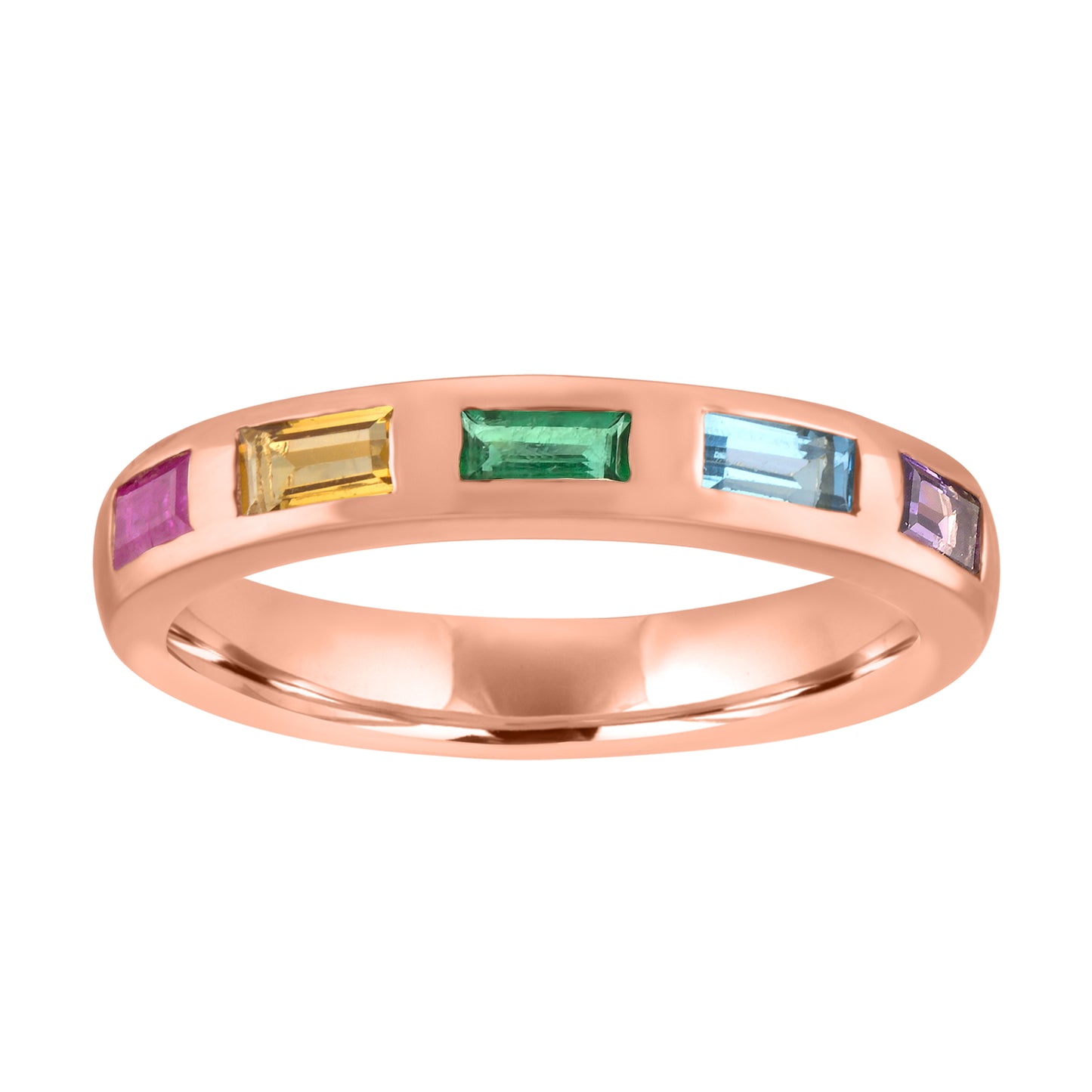 Rose gold wide band with five multicolor baguettes.