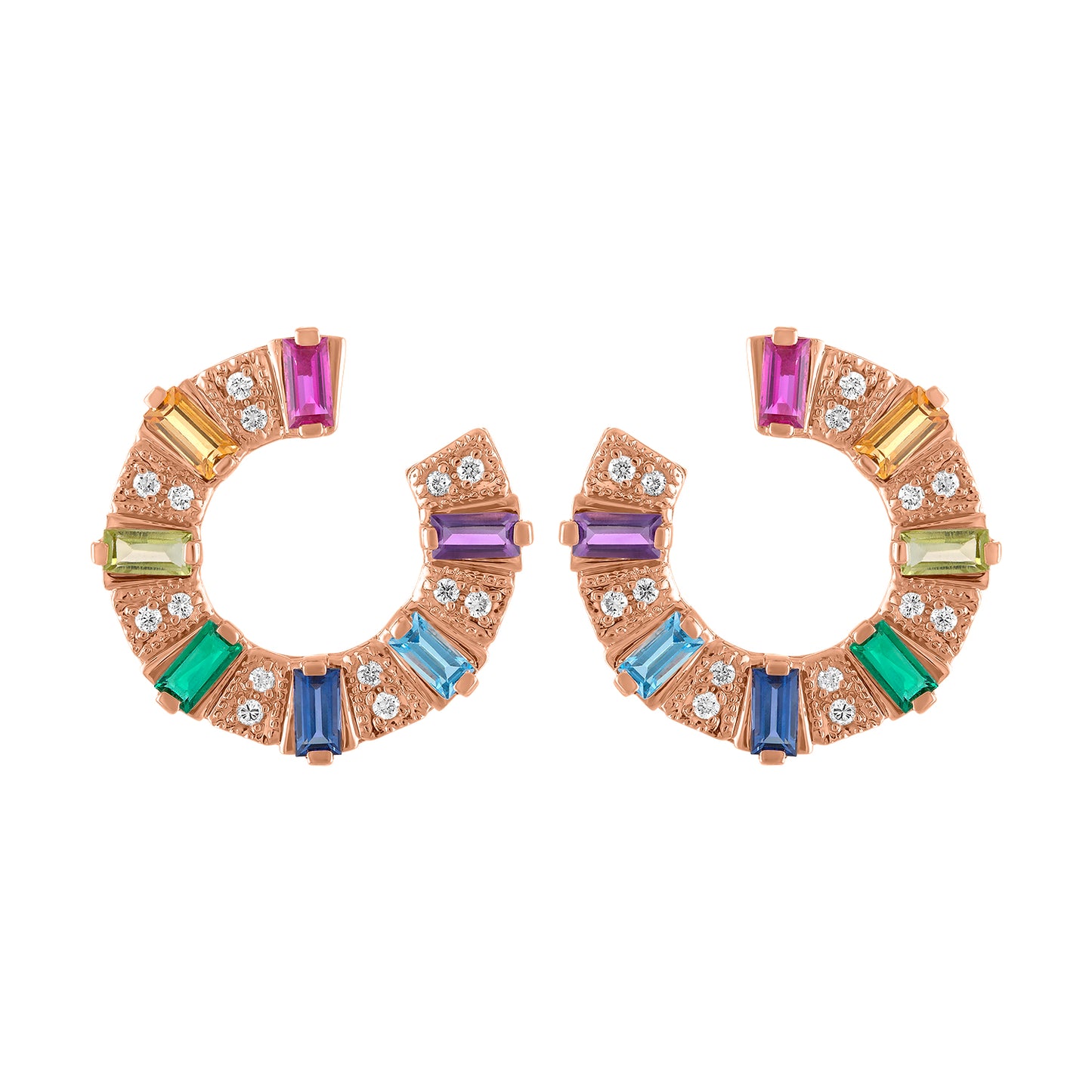 Rose gold pair of earrings with multicolor baguettes and round diamonds.