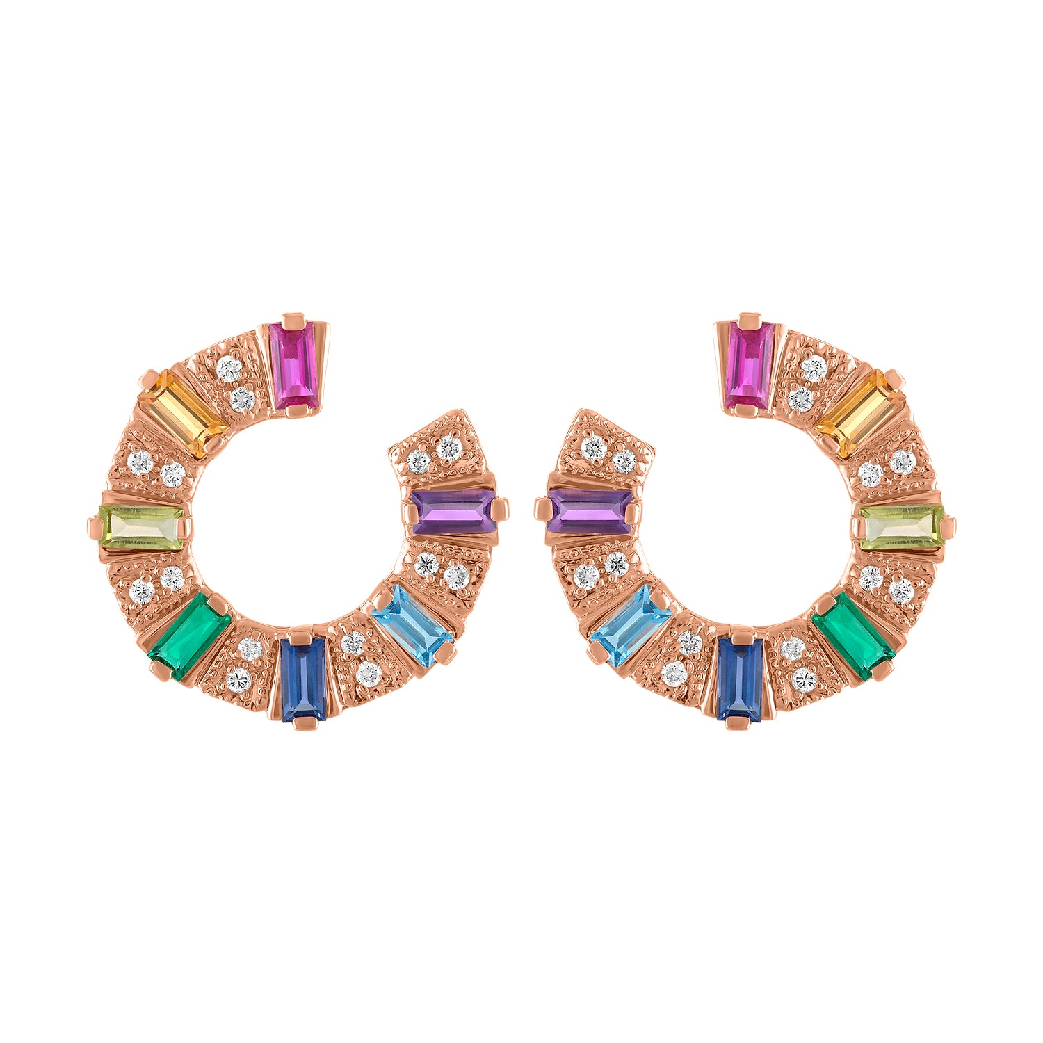 Rose gold pair of earrings with multicolor baguettes and round diamonds.