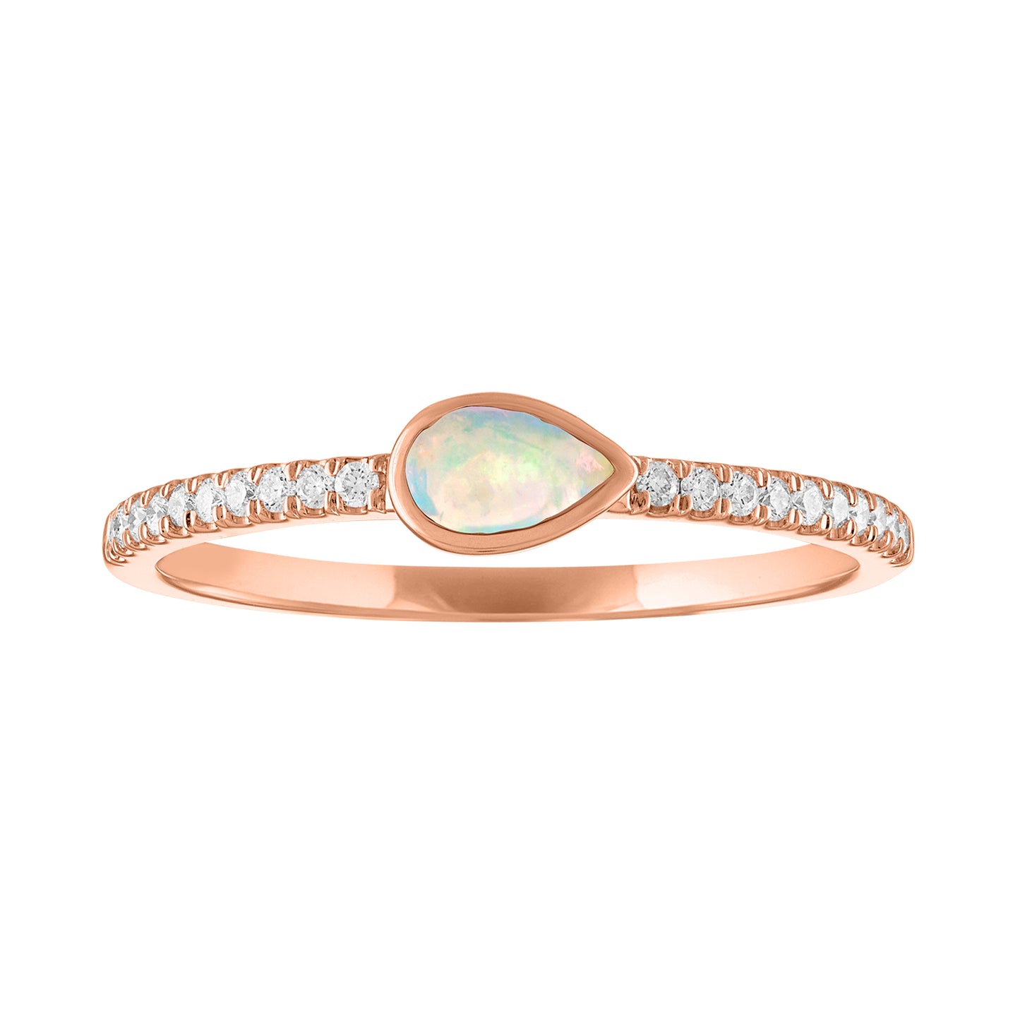 Rose gold skinny band with a bezeled pear shape opal in the center and round diamonds on the shank.