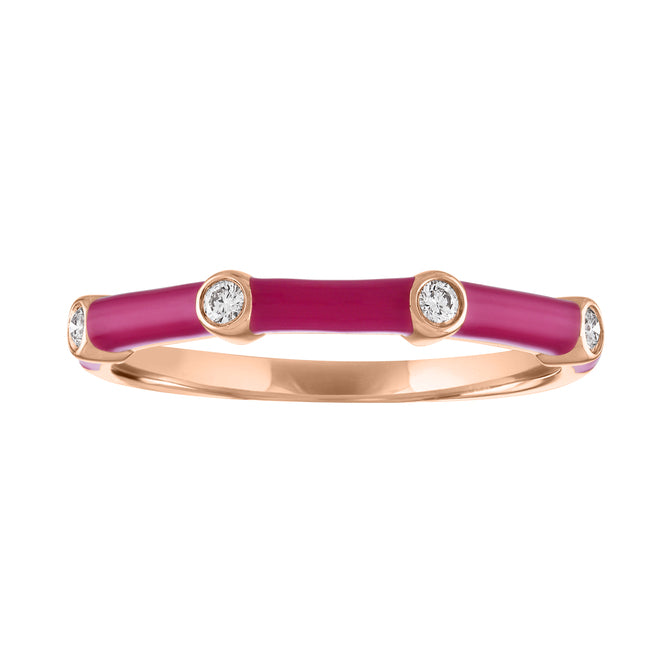 Rose gold skinny band with fuchsia enamel and four round diamonds.