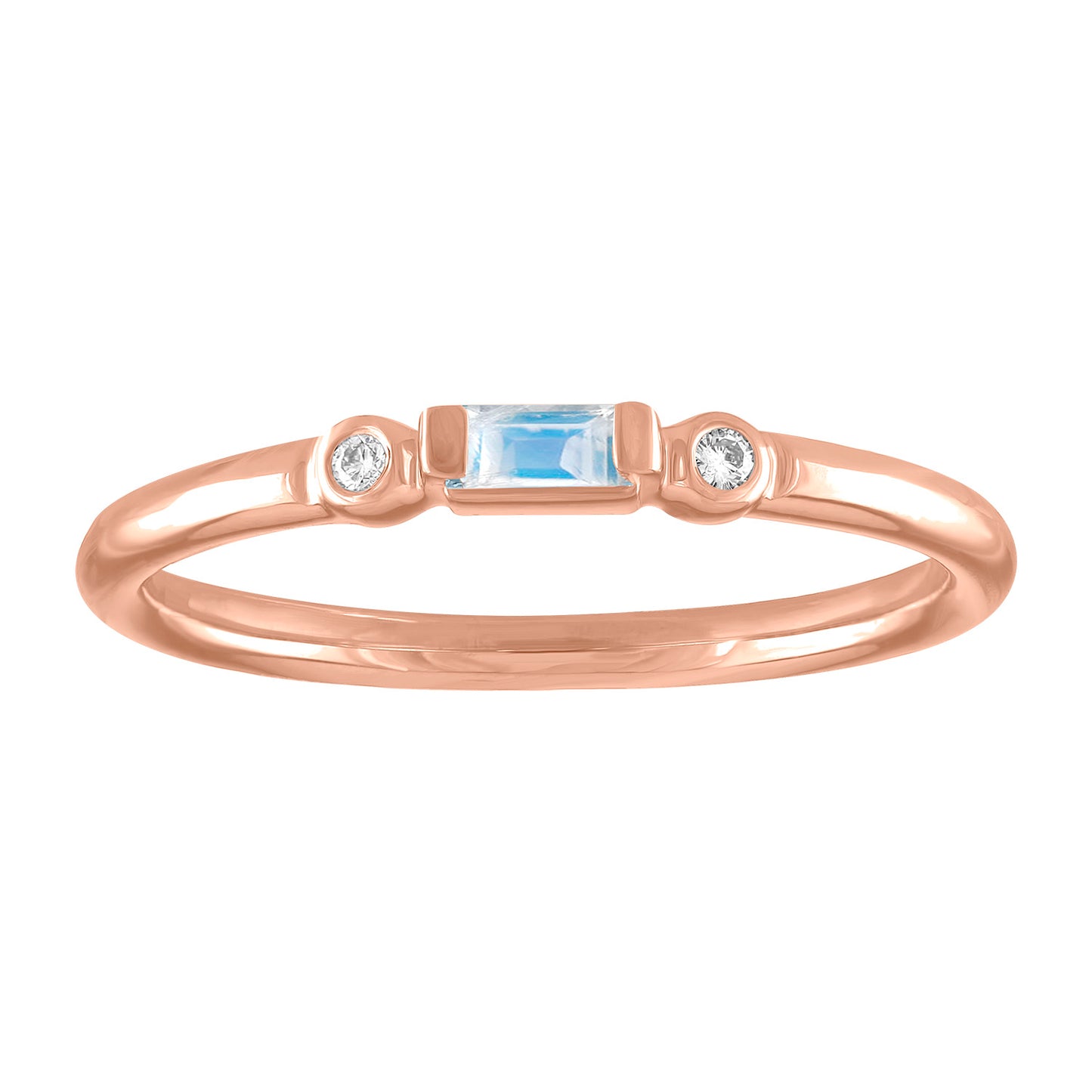 Rose gold skinny band with a moonstone baguette in the center and two round diamonds on the side.