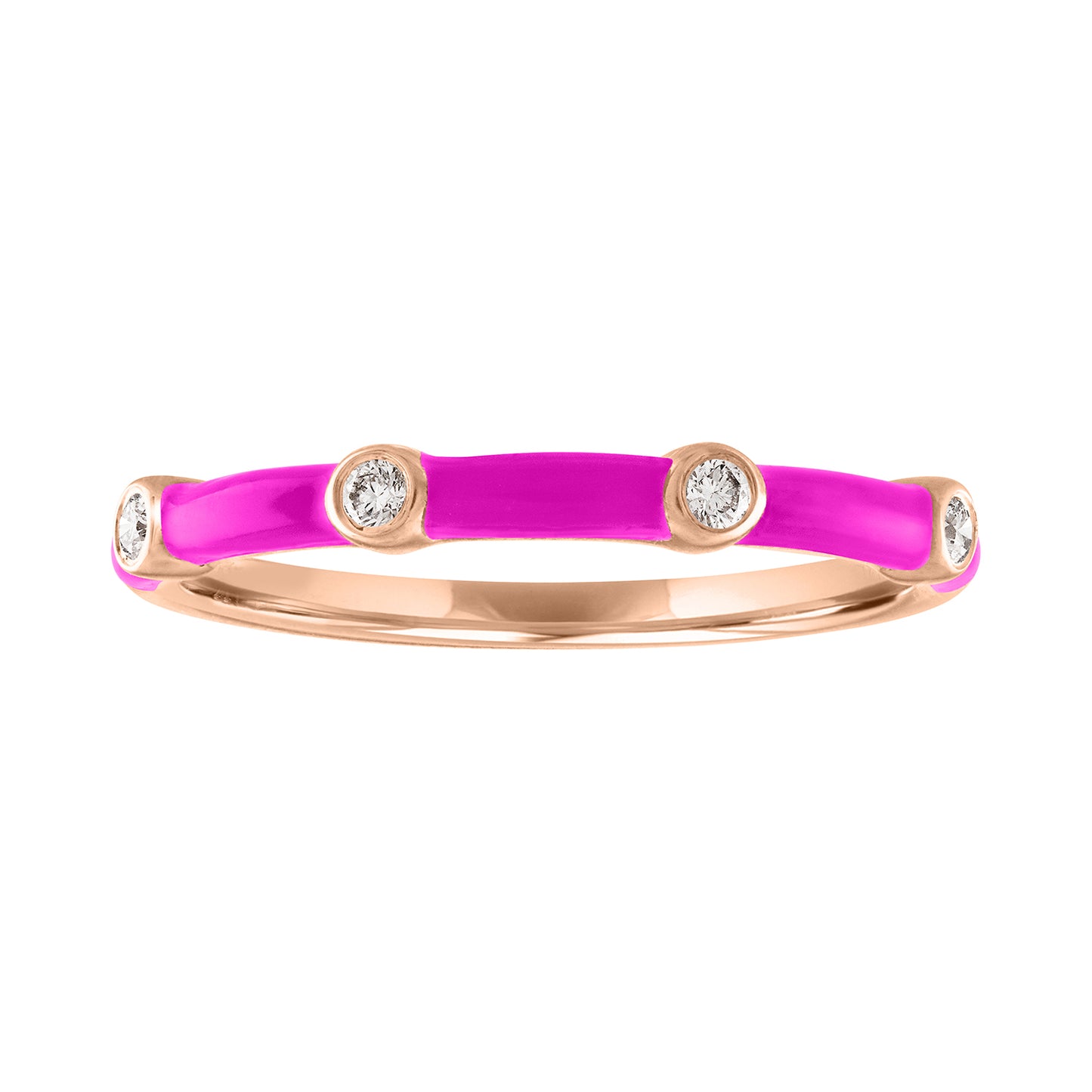 Rose gold skinny band with pink enamel and four round diamonds.