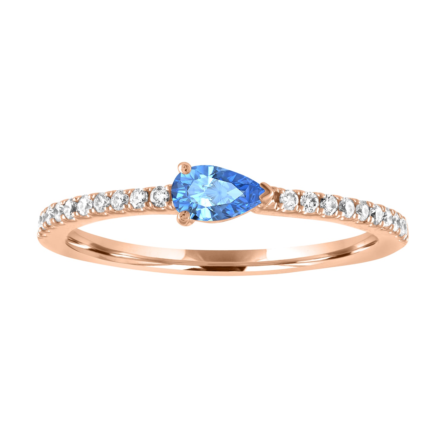 Rose gold skinny band with a pear shaped blue topaz in the center and round diamonds on the shank.