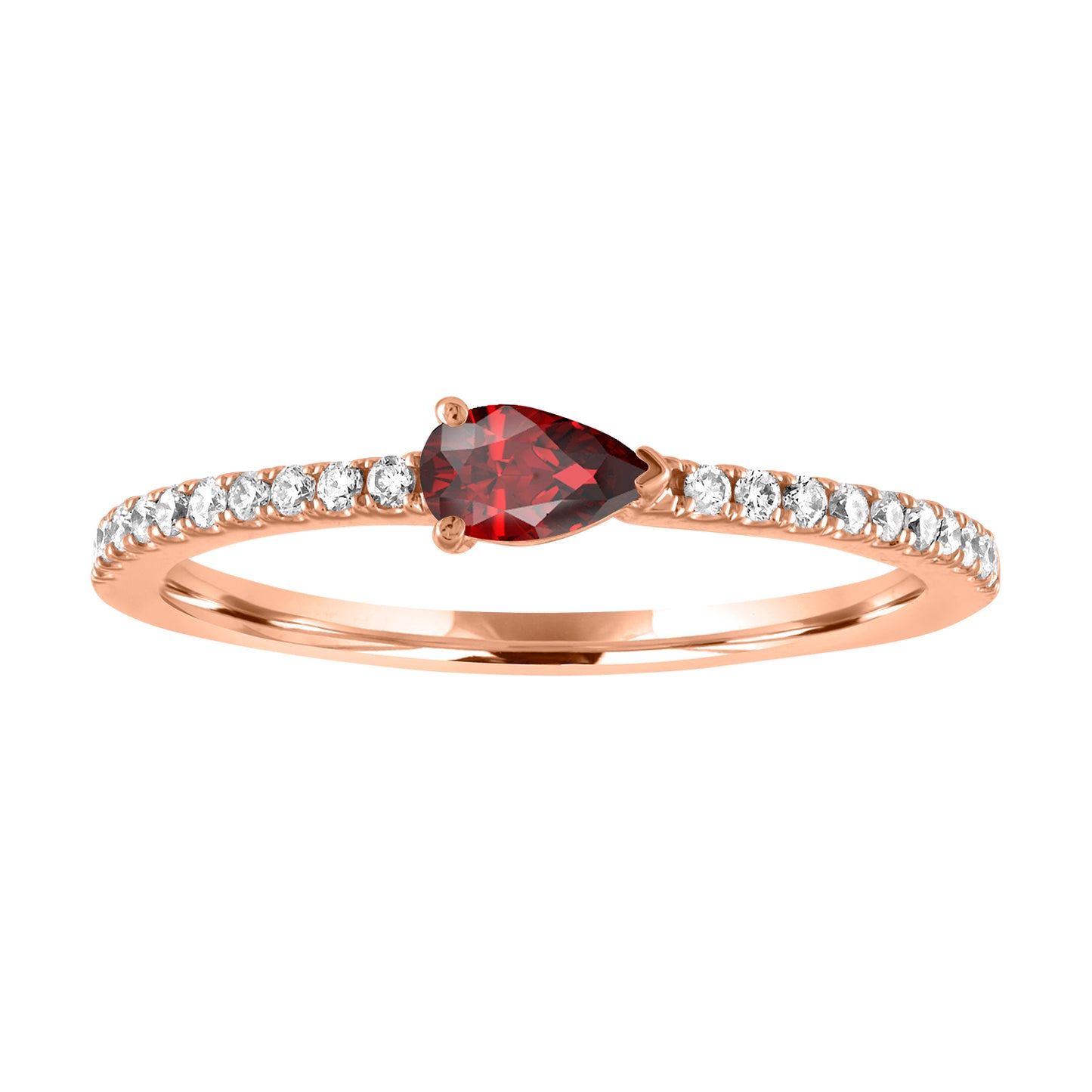Rose gold skinny band with a pear shaped garnet in the center and round diamonds on the shank.