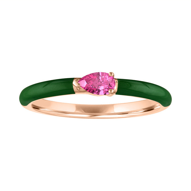 Rose gold skinny band with green enamel and a pear shaped pink tourmaline in the center.