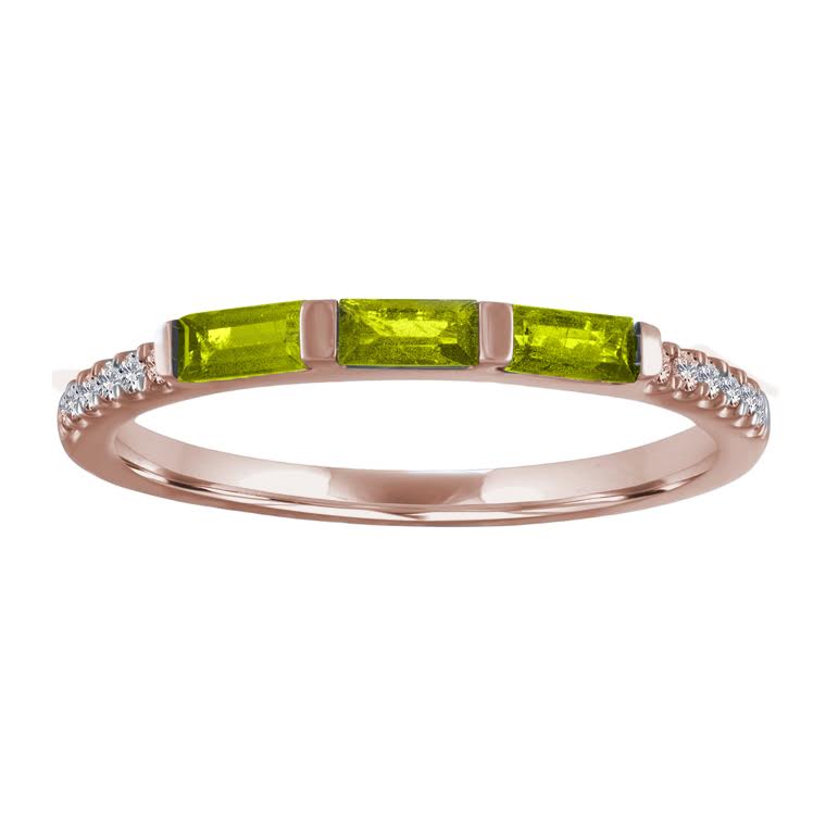 Rose gold skinny band with three peridot baguettes and round diamonds on the shank.