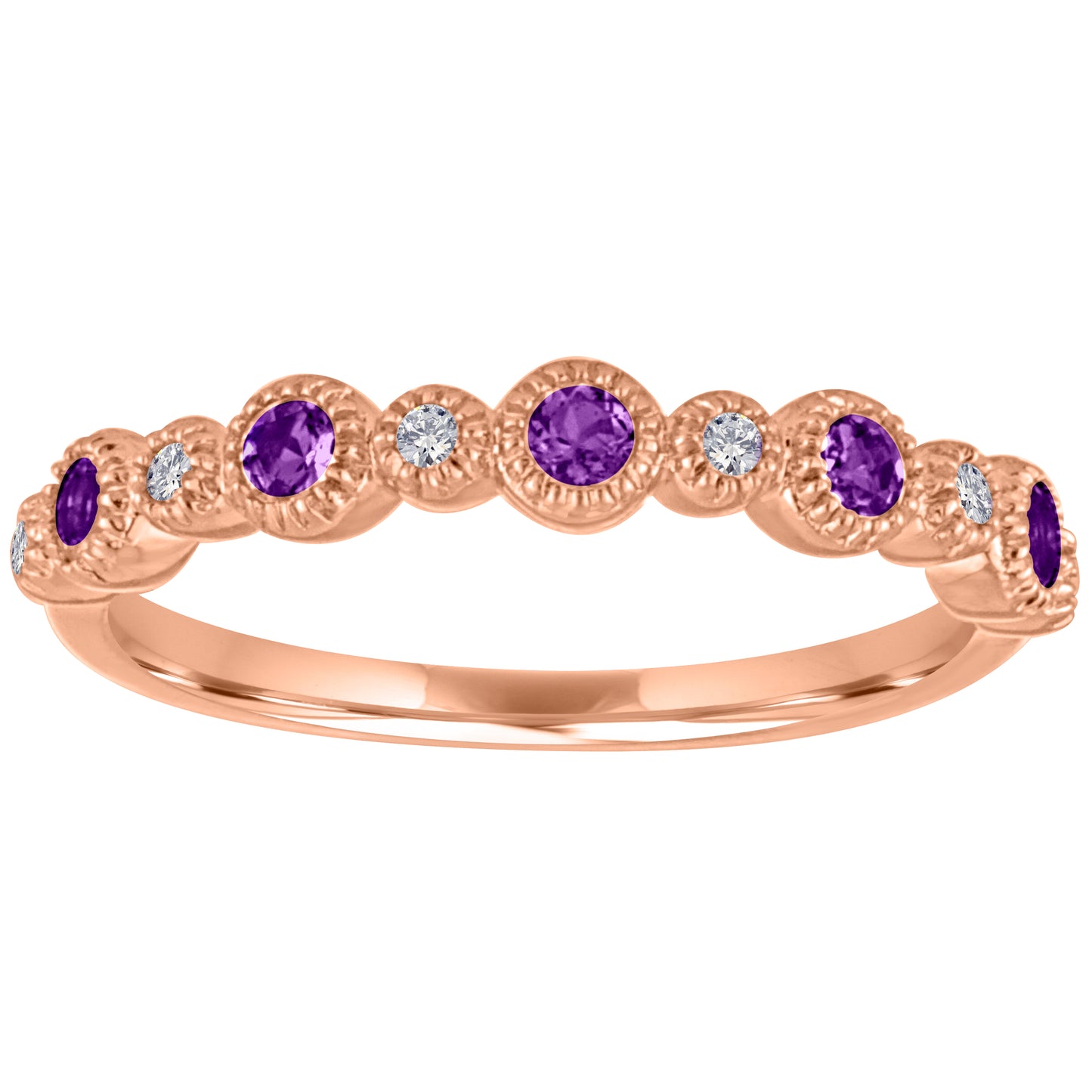 Rose gold skinny band with large round amethysts and small round diamonds.