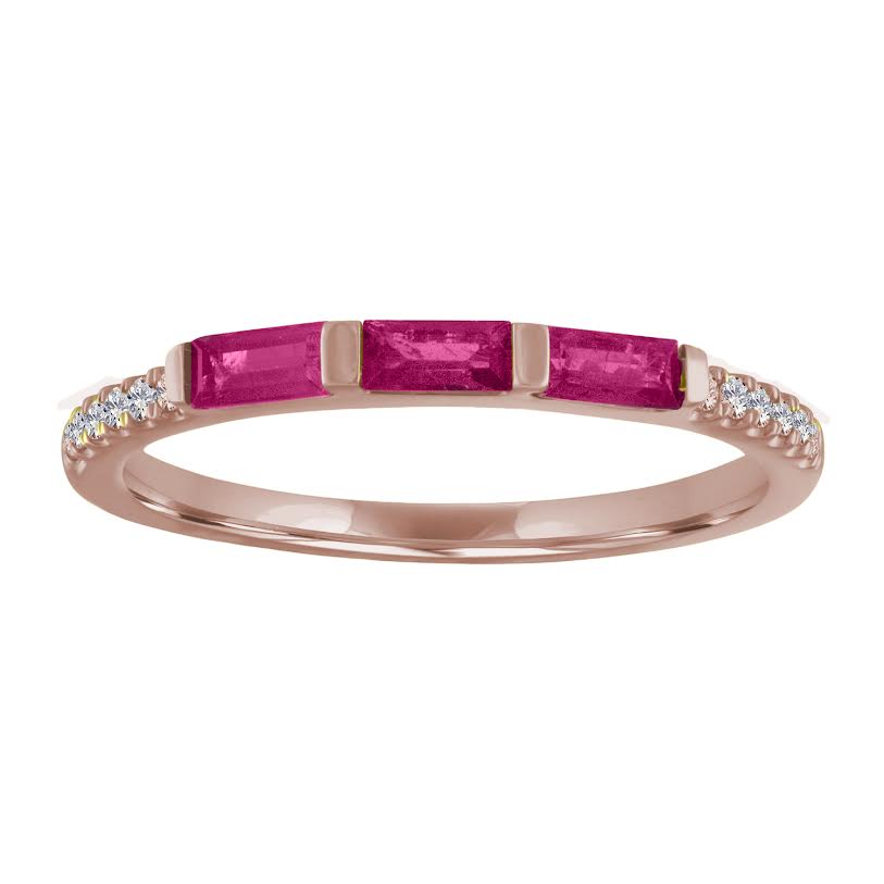 Rose gold skinny band with three pink tourmalines and round diamonds on the shank.
