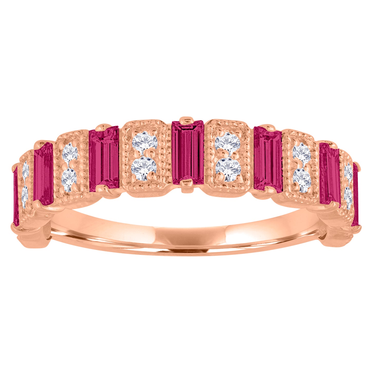 Rose gold wide band with ruby baguettes and round diamonds.