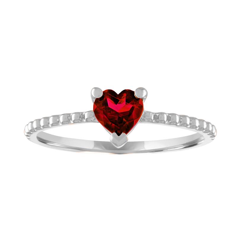 White gold beaded skinny band with a heart shaped garnet in the center.