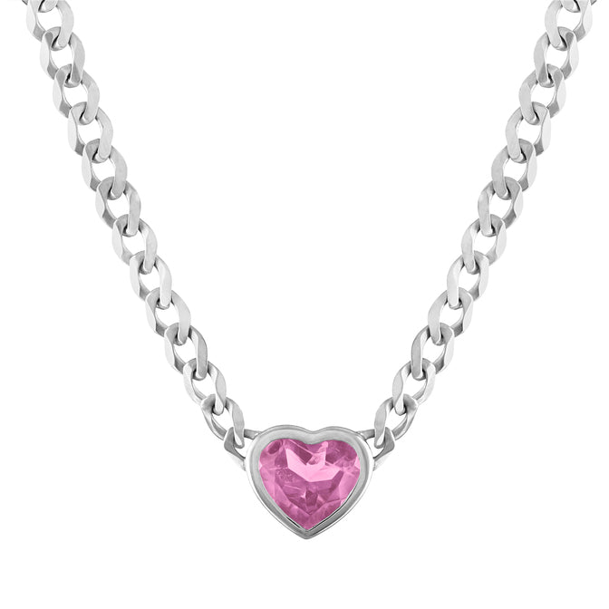 White gold cuban link chain with a heart shaped bezeled pink tourmaline in the center.