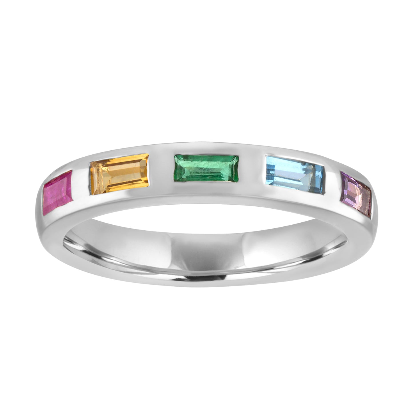 White gold wide band with five multicolor baguettes.