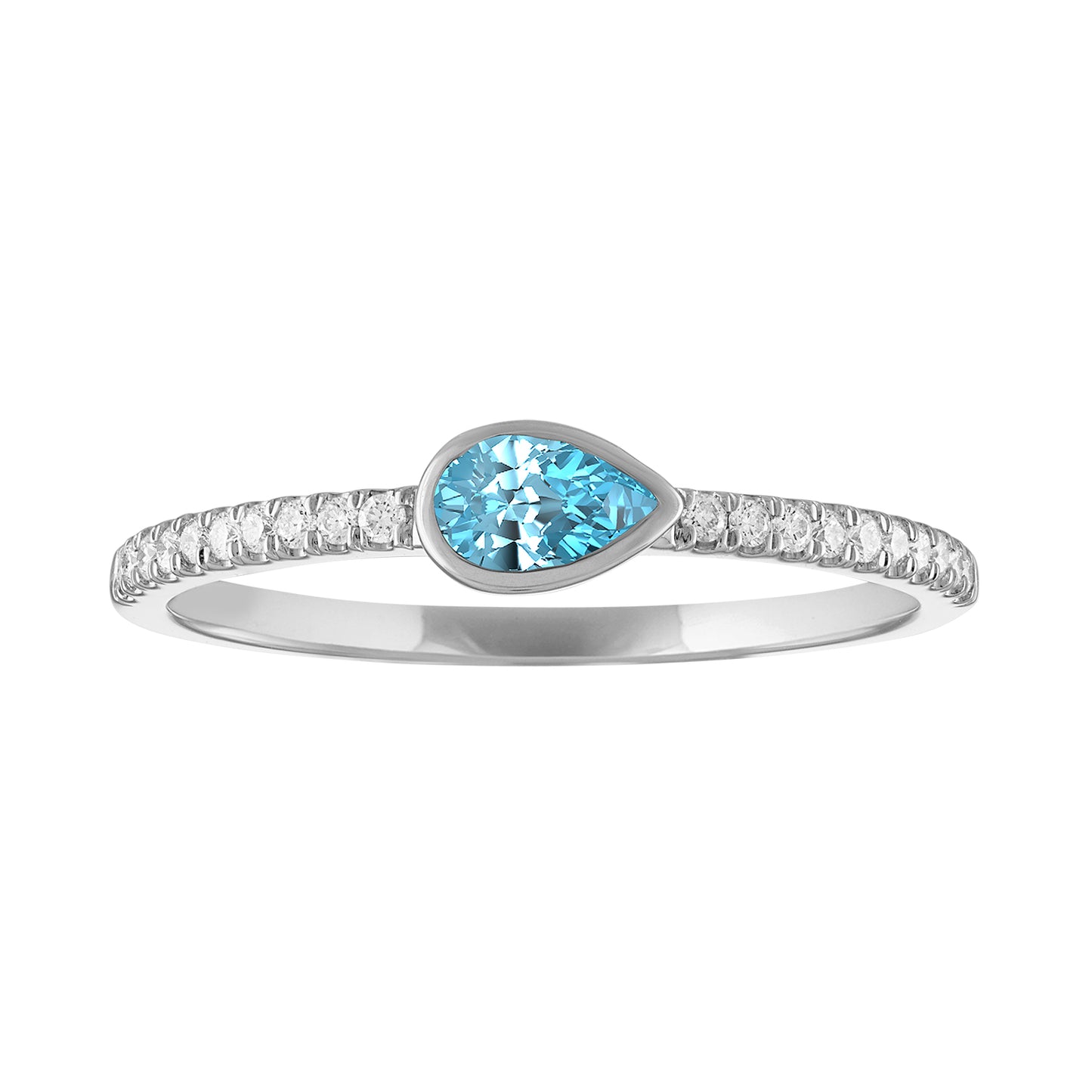 White gold skinny band with a bezeled pear shape aquamarine in the center and round diamonds on the shank.