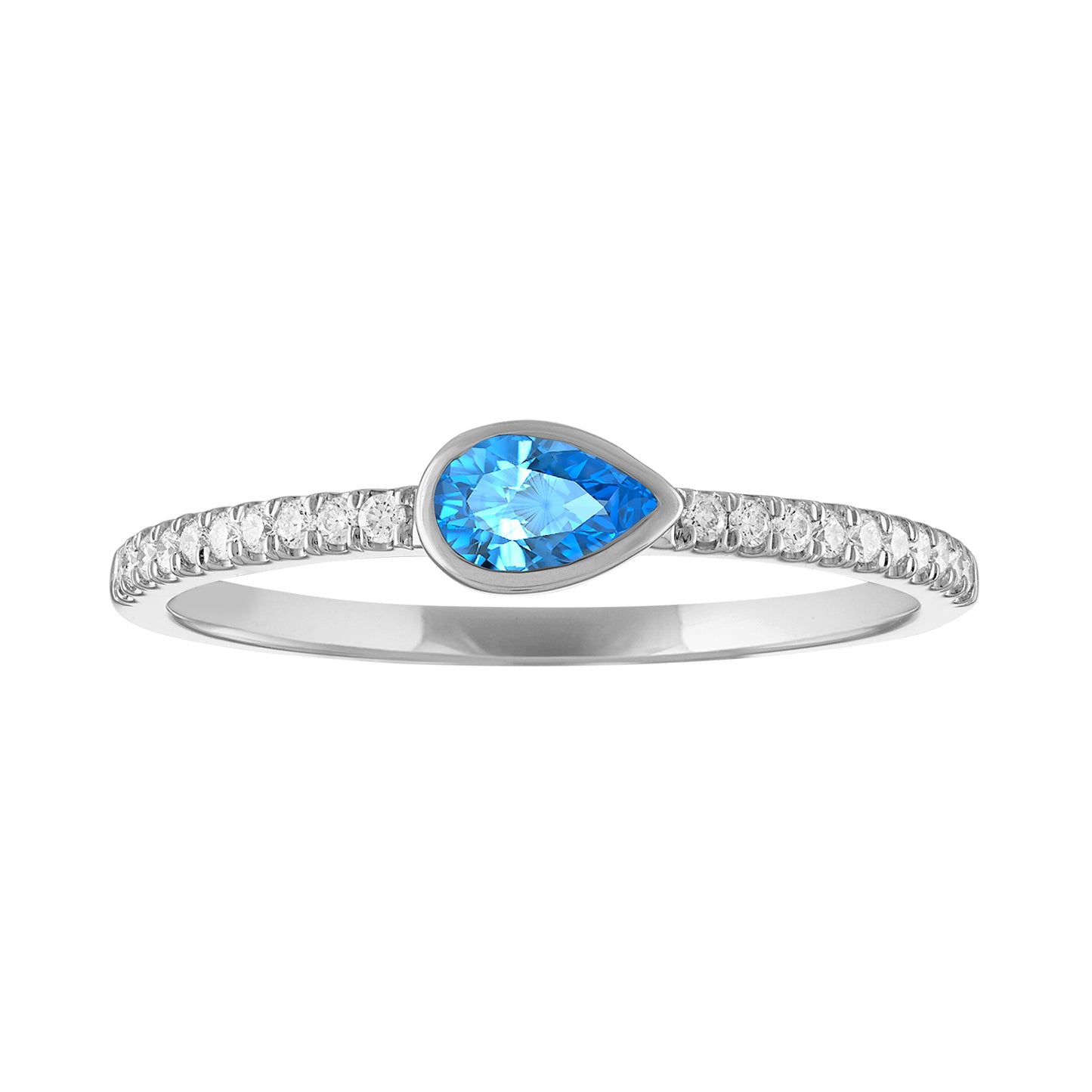 White gold skinny band with a bezeled pear shape blue topaz in the center and round diamonds on the shank.
