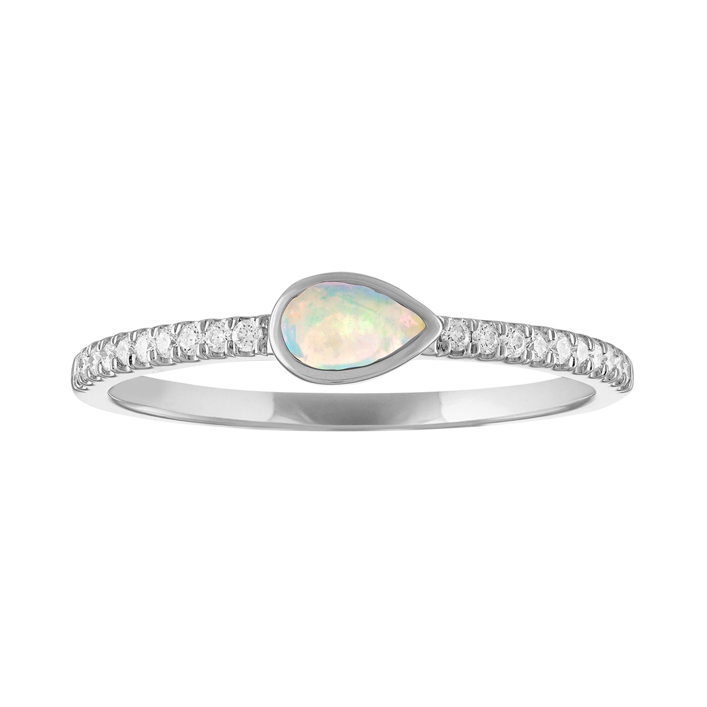 White gold skinny band with a bezeled pear shape opal in the center and round diamonds on the shank.