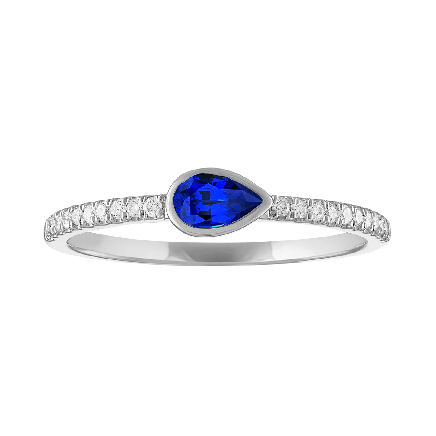 White gold skinny band with a bezeled pear shape sapphire in the center and round diamonds on the shank.
