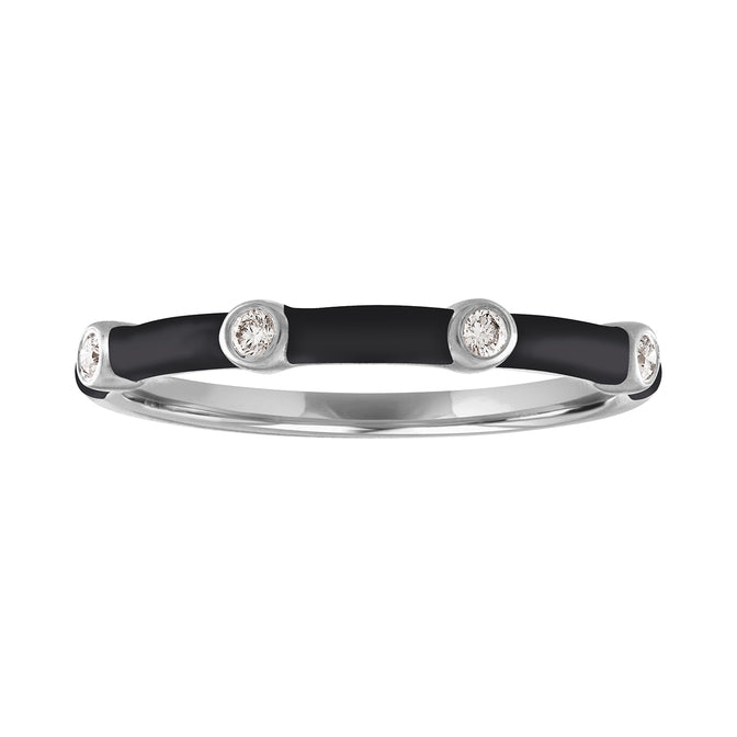 White gold skinny band with black enamel and four round diamonds.