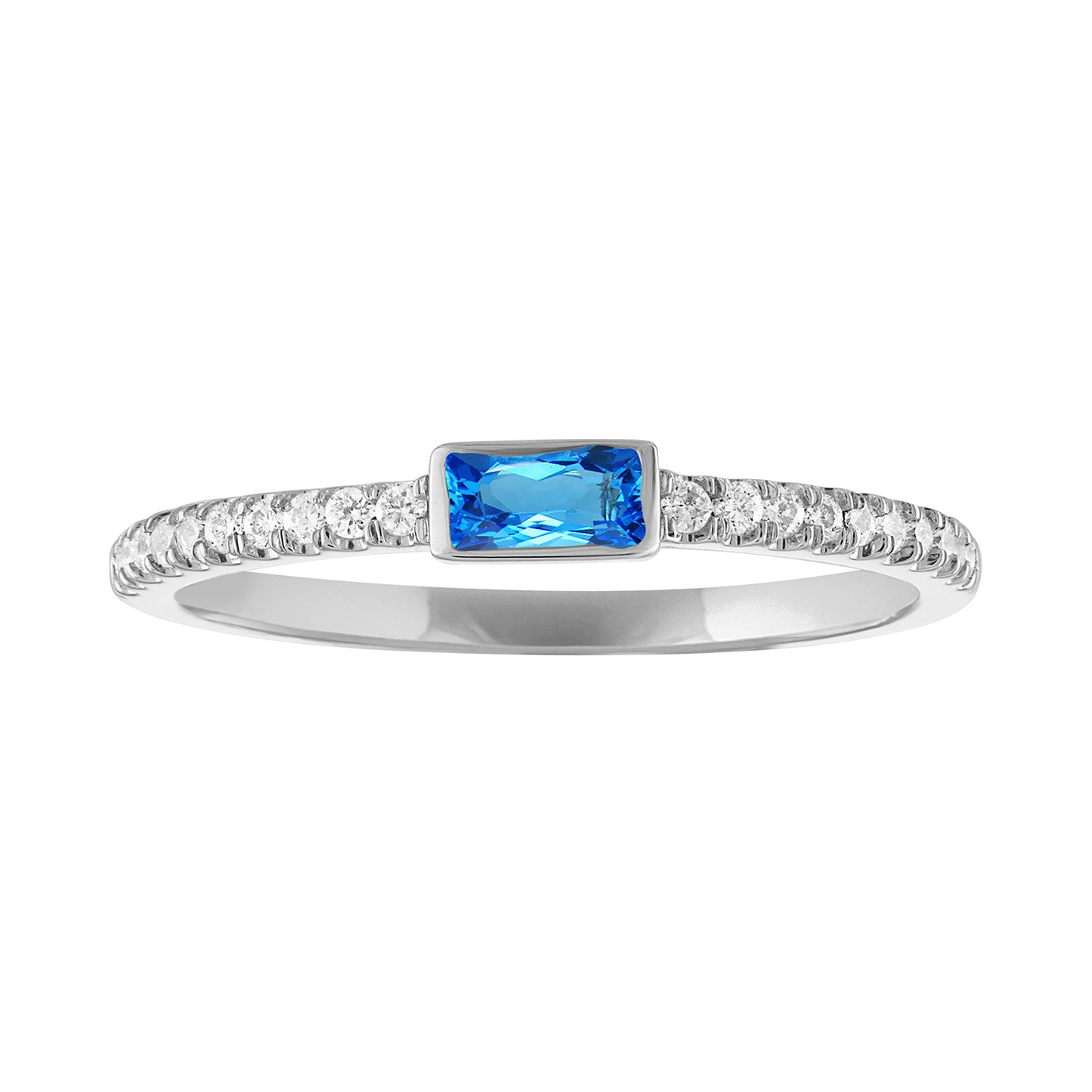White gold skinny band with bezeled blue topaz baguette in the center and round diamonds on the shank.