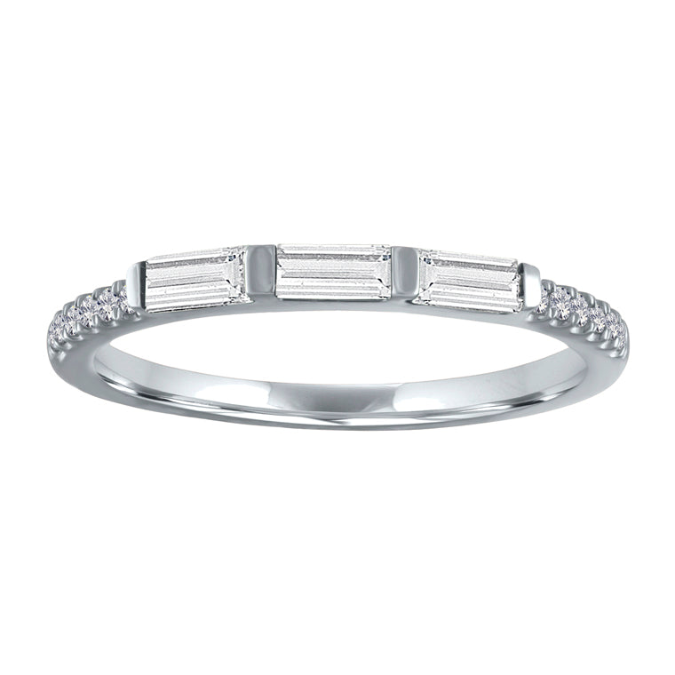 White gold skinny band with three diamond baguettes and round diamonds on the shank.