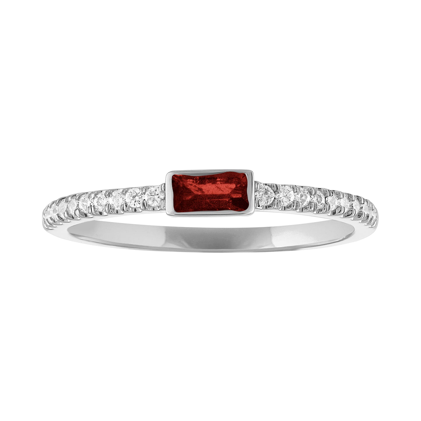 White gold skinny band with a bezeled garnet baguette in the center and round diamonds on the side.