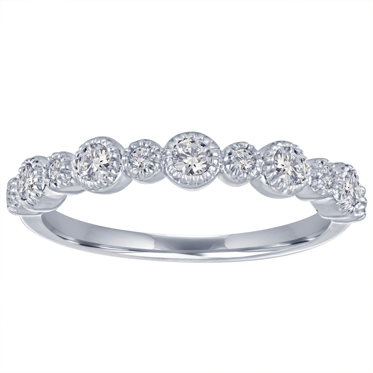 White gold skinny band with large round diamonds and small round diamonds.