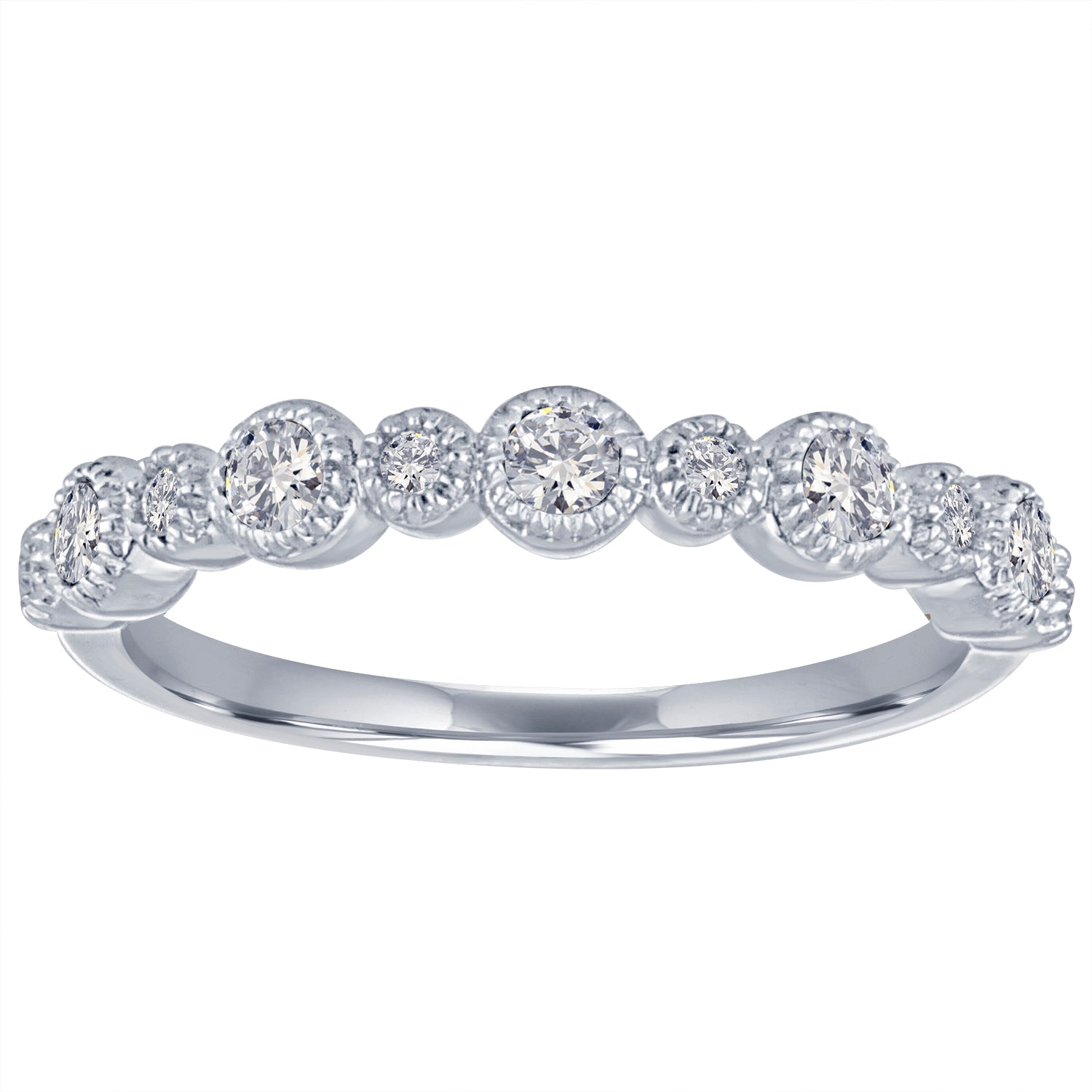 White gold skinny band with large round diamonds and small round diamonds.