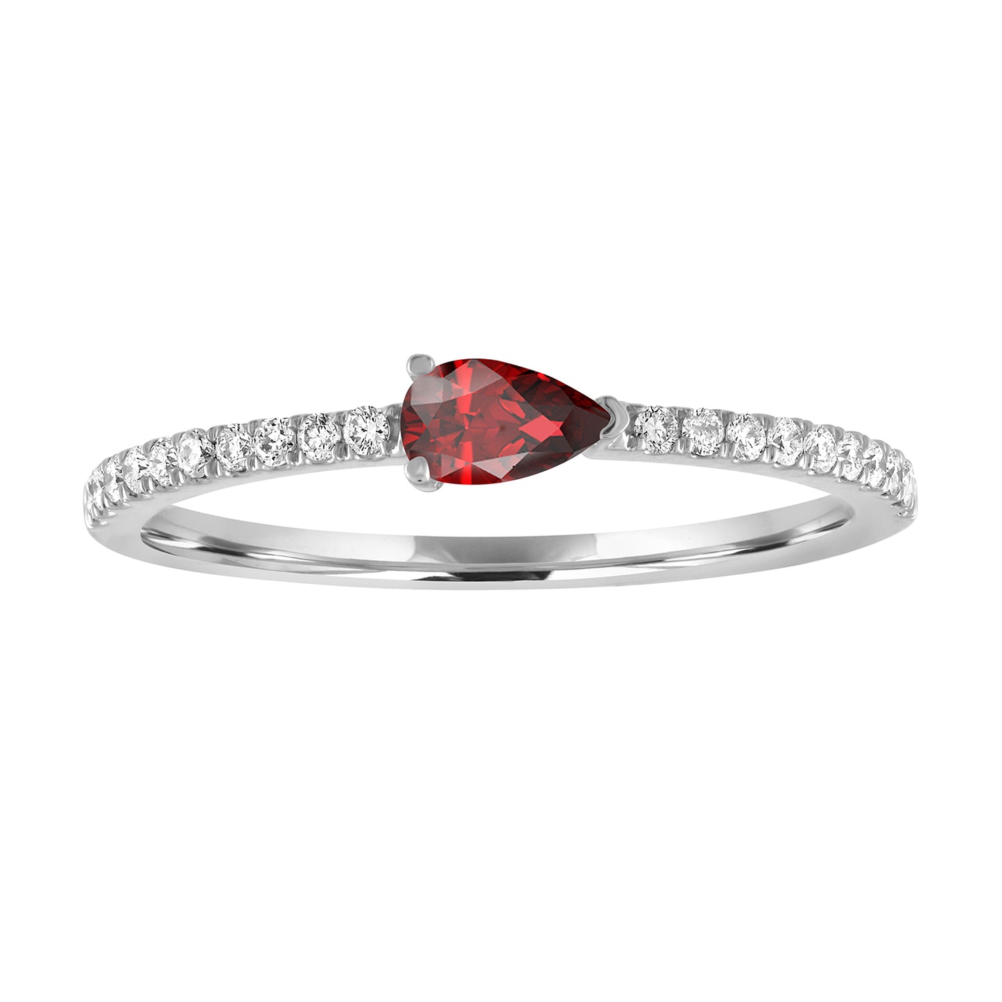 White gold skinny band with a pear shaped garnet in the center and round diamonds on the shank.