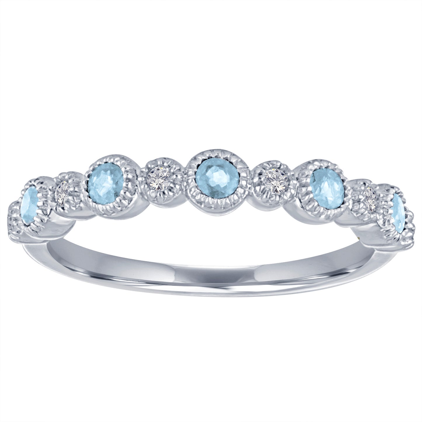 White gold skinny band with large round aquamarines and small round diamonds.