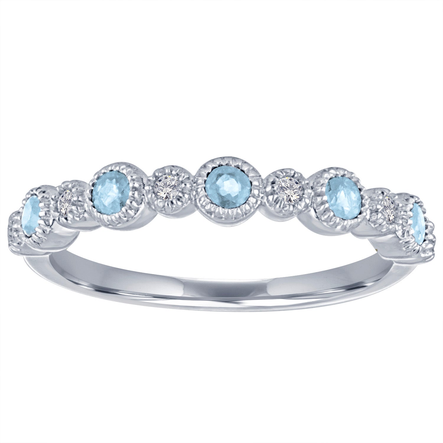White gold skinny band with large round aquamarines and small round diamonds.
