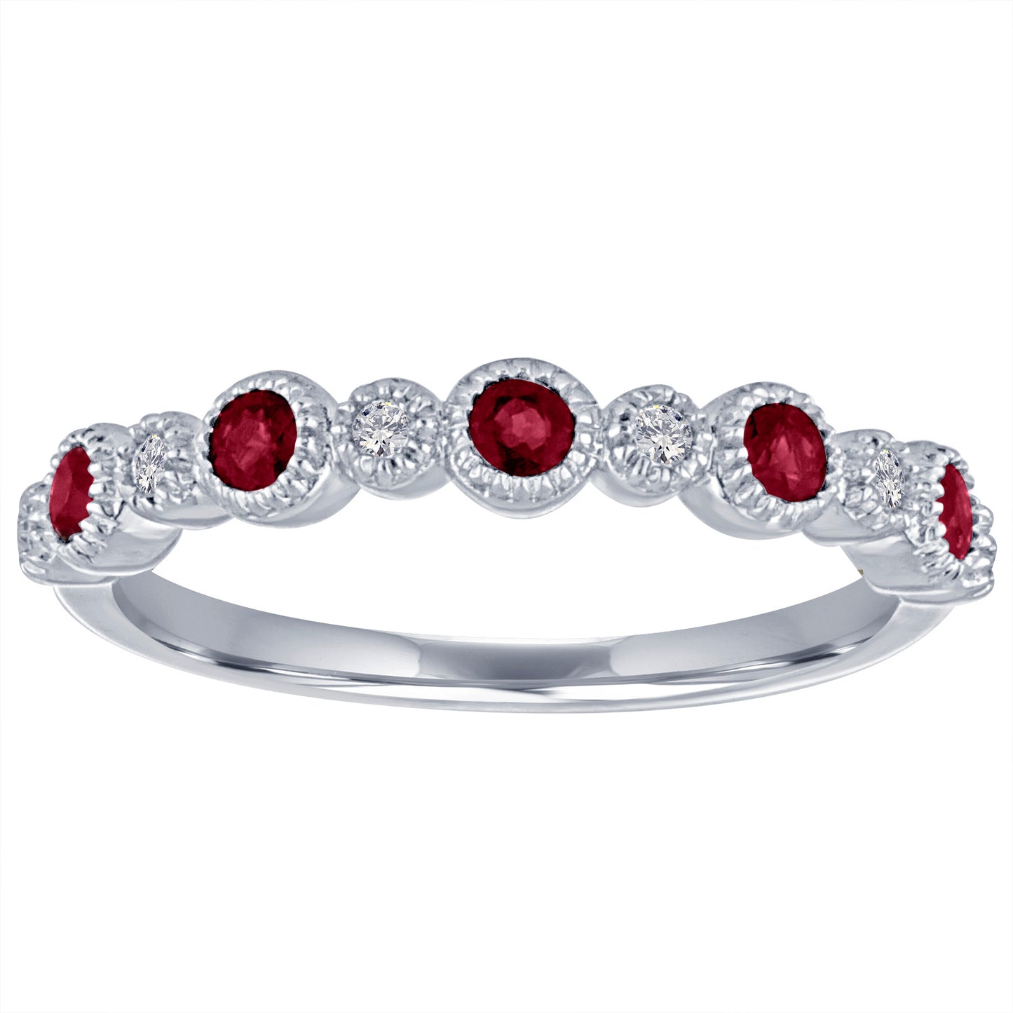 White gold skinny band with large round garnets and small round diamonds.