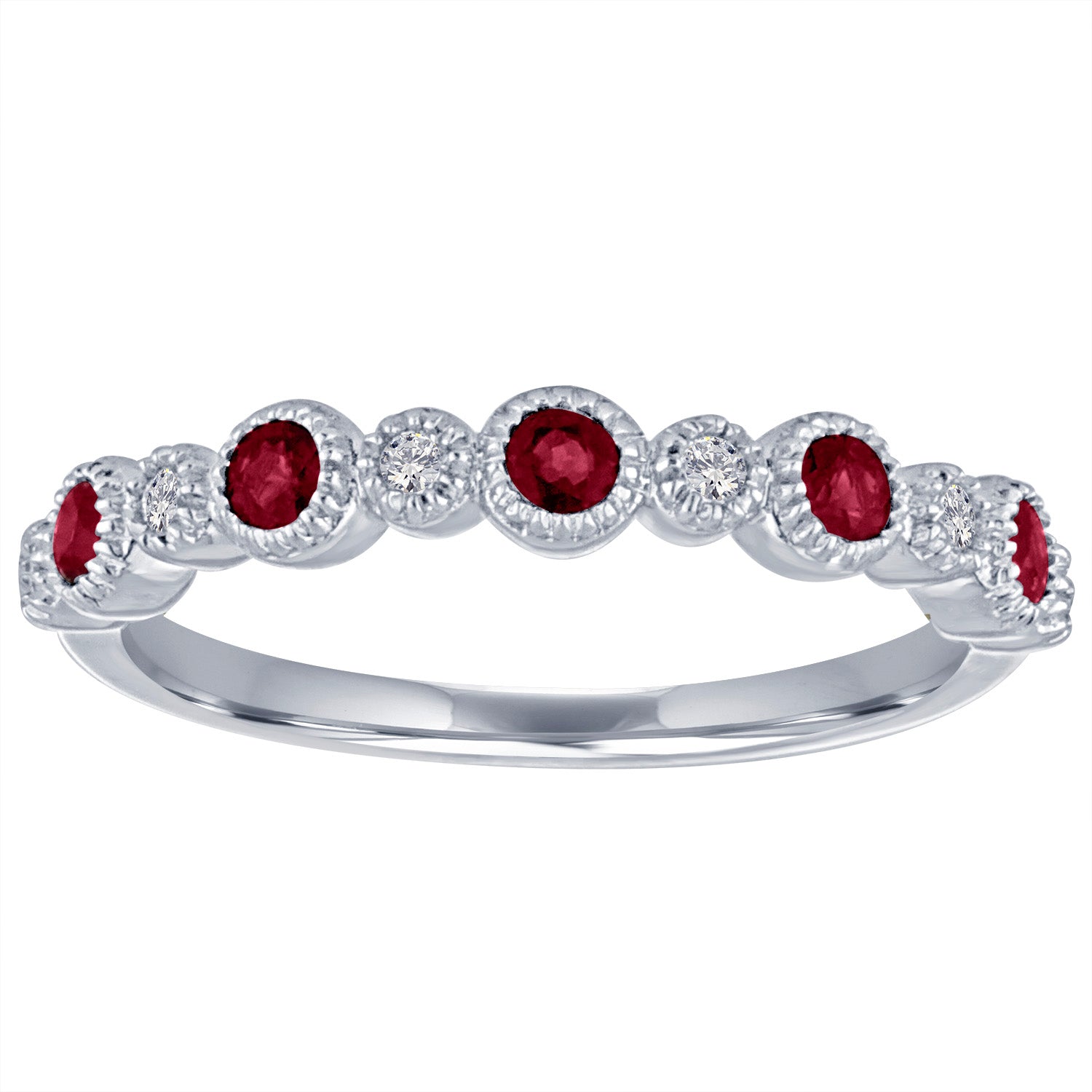 White gold skinny band with large round garnets and small round diamonds.